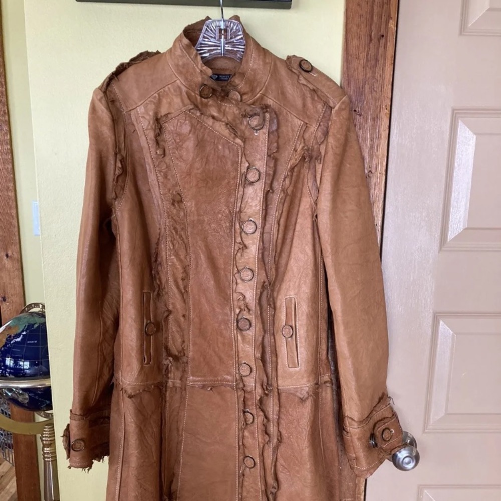 Women’s Sherry Nikka Leisure Couture brown leather trench coat size M - Picture 1 of 13